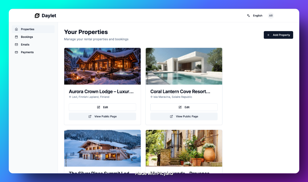 Daylet dashboard — manage your vacation rental properties