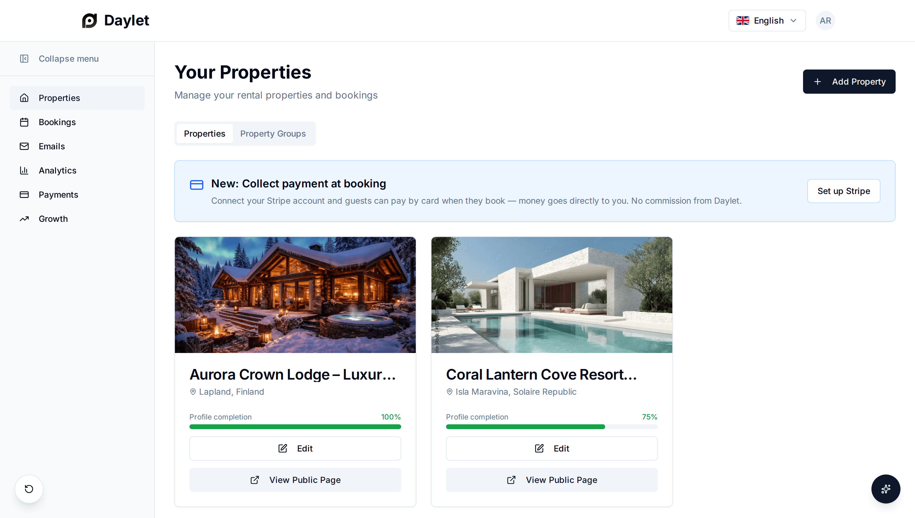 The Daylet dashboard listing an owner's holiday lets, each with its own booking page
