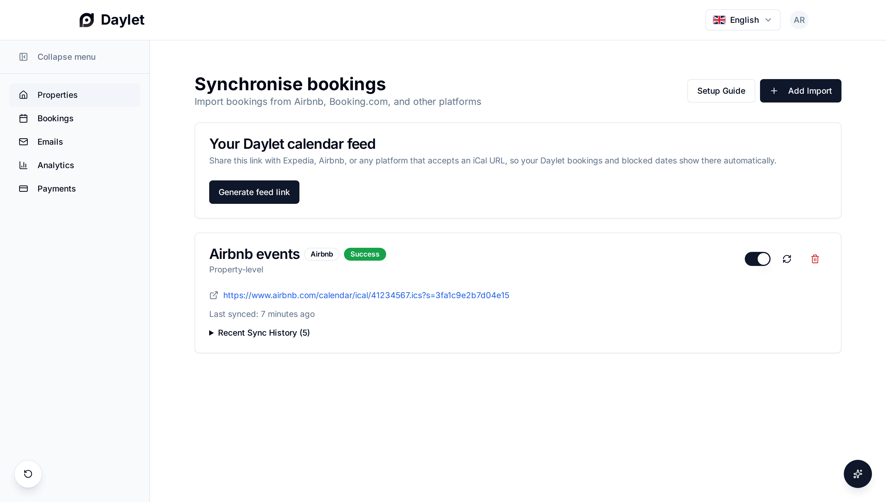 The calendar sync page in the Daylet dashboard: the Daylet iCal feed to add to Airbnb or Booking.com, and an imported Airbnb calendar