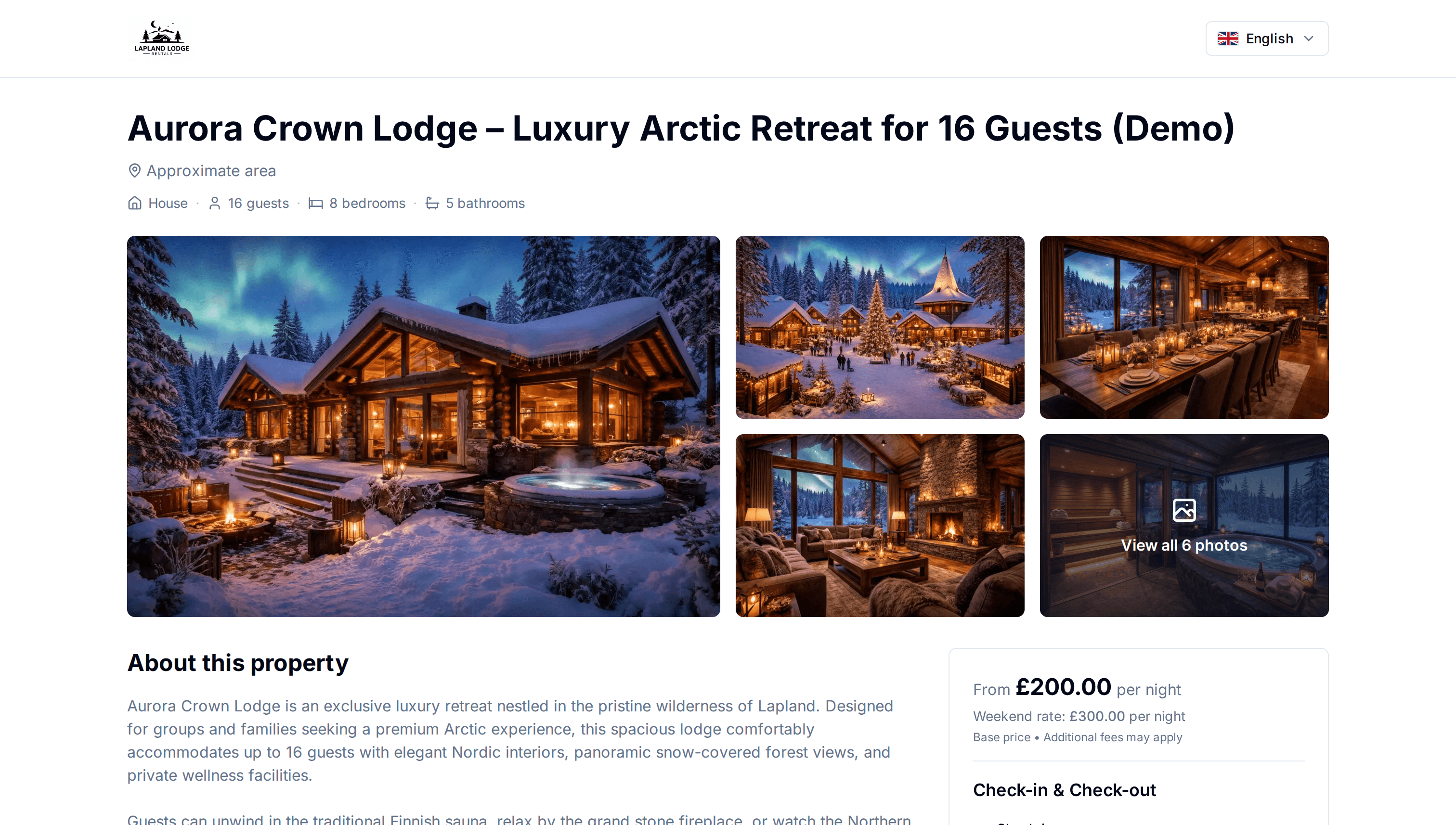 A holiday let's direct booking page on Daylet, with its photos, description and nightly price